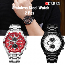 2 Pcs Curren Stainless Steel Watch For Men,8023,Silver red